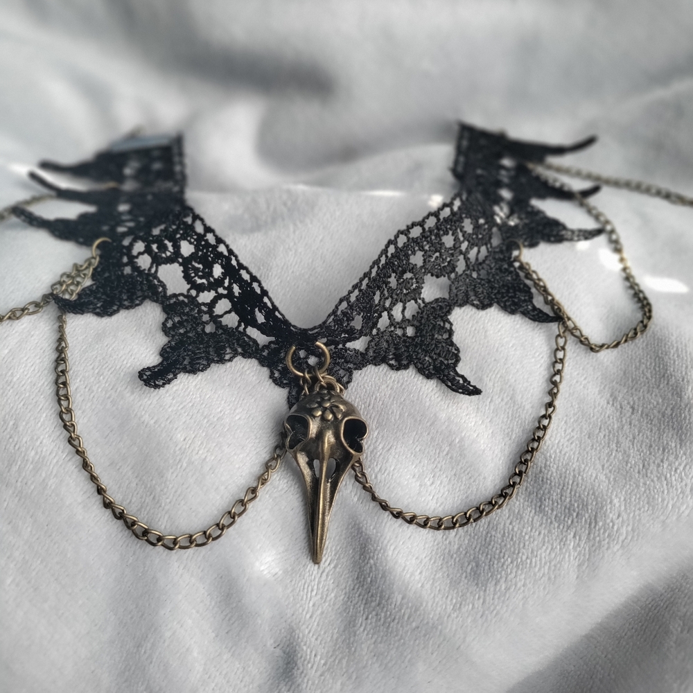 Elegant Black Lace Necklace with Gold Skull Pendant